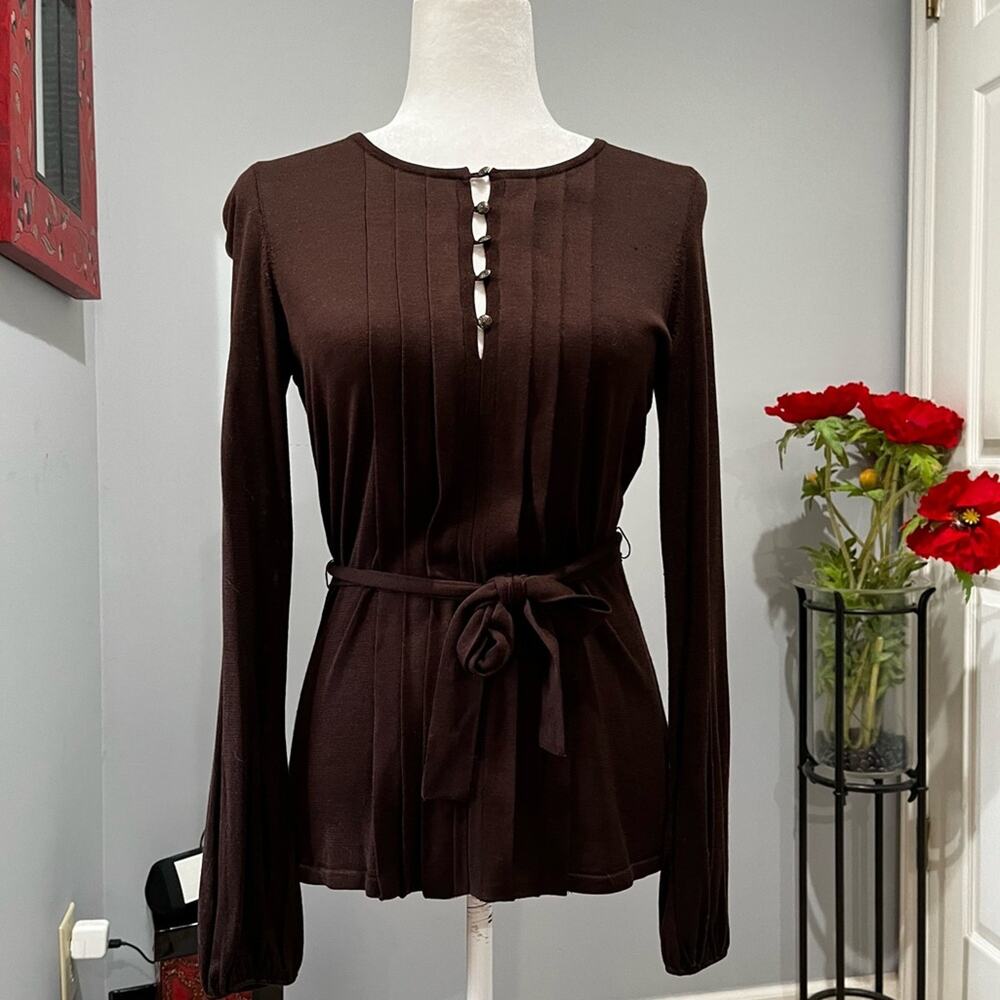NEW Dana Buchman Silk Pleated Button Belted Tie Waist Bell Sleeve Sweater P NWOT